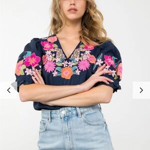 THML Anthropologie | Jungle Floral Cheeta Navy Floral Embroidered Blouse